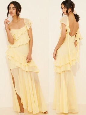 Awaylee Asymmetric Ruffle Chiffon Butter Yellow Maxi Dress Size XS